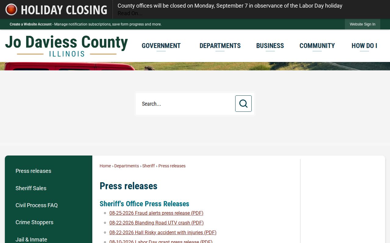 Jo Daviess County Sheriff dated press-release archive