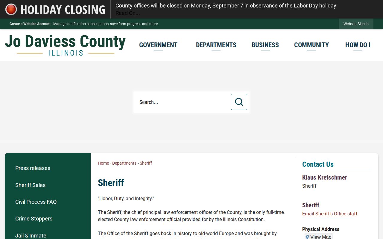 Jo Daviess County Sheriff official webpage with jail and agency information