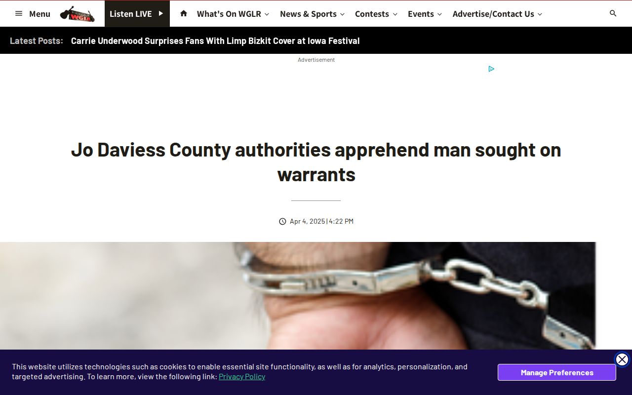 WGLR local news page about a Jo Daviess County warrant arrest